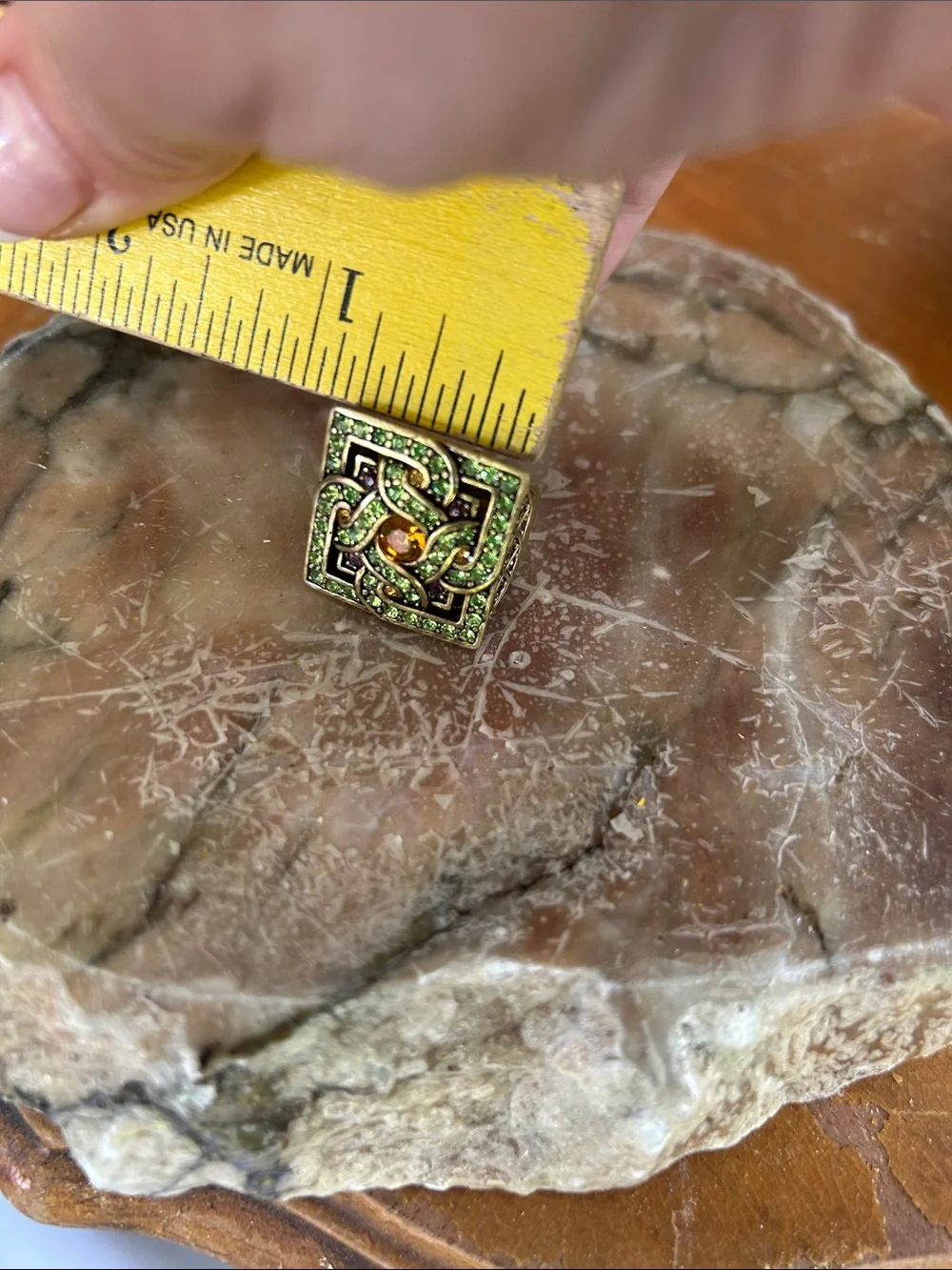 Celtic Knot Green Crystal Square Statement Ring with Amber Accent